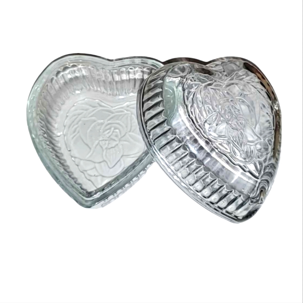 Vintage Clear Glass Heart Trinket Valentines Day Candy Dish Etched Rose Frosted